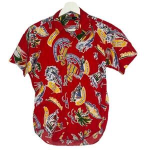 Polo Ralph Lauren Boys Hawaii Vintage Print Short Sleeve Shirt USA Red Music 14